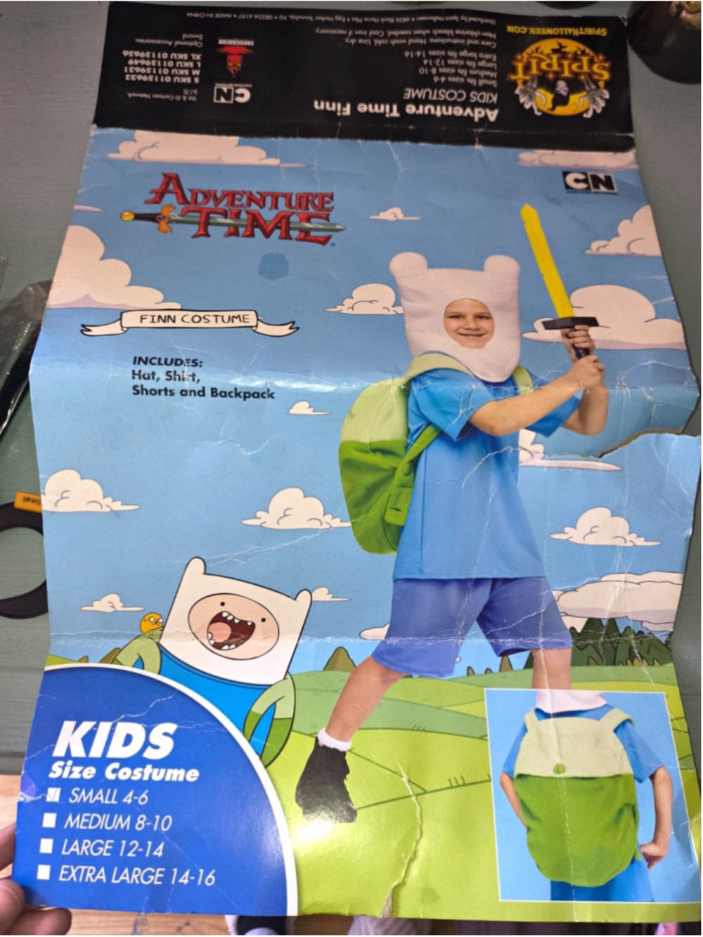 Spirit Adventure Time Finn Kids Costume Set S Hat Shirt Shorts Backpack